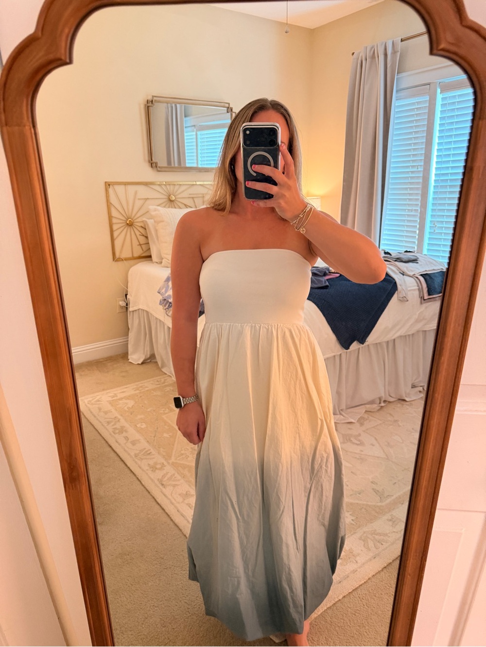 Zara Strapless Ombre Midi Dress in Cream and Light Blue